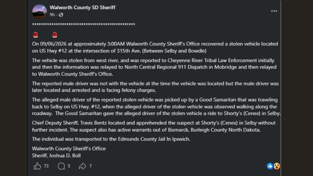 Selby SD stolen vehicle arrest